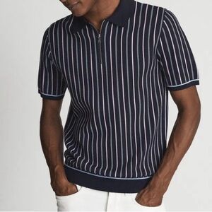 Reiss Navy Polo Shirt with White and Pink Stripes